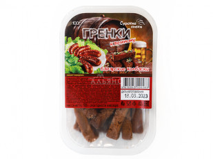 Сухарики с малосольным огурчиком: Сурские гренки Баварские колбаски (100 гр)